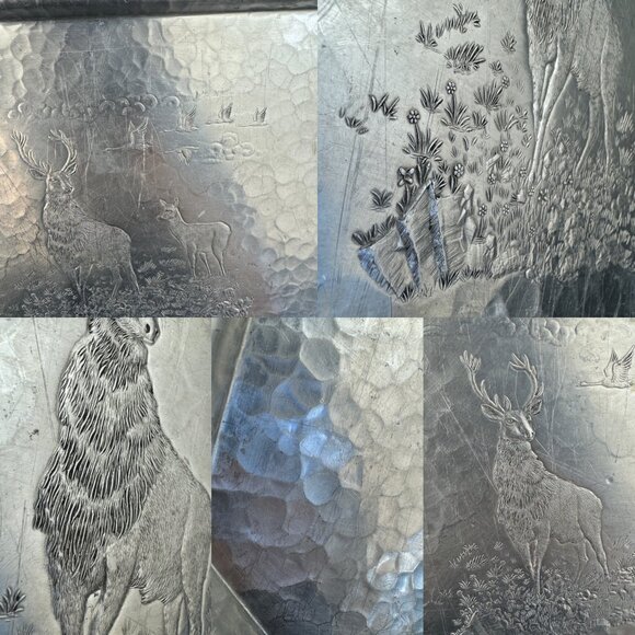 Vtg Deer‎ Geese Trade Continental Hand Wrought Hammered Aluminum Tray w Handles - Picture 6 of 11